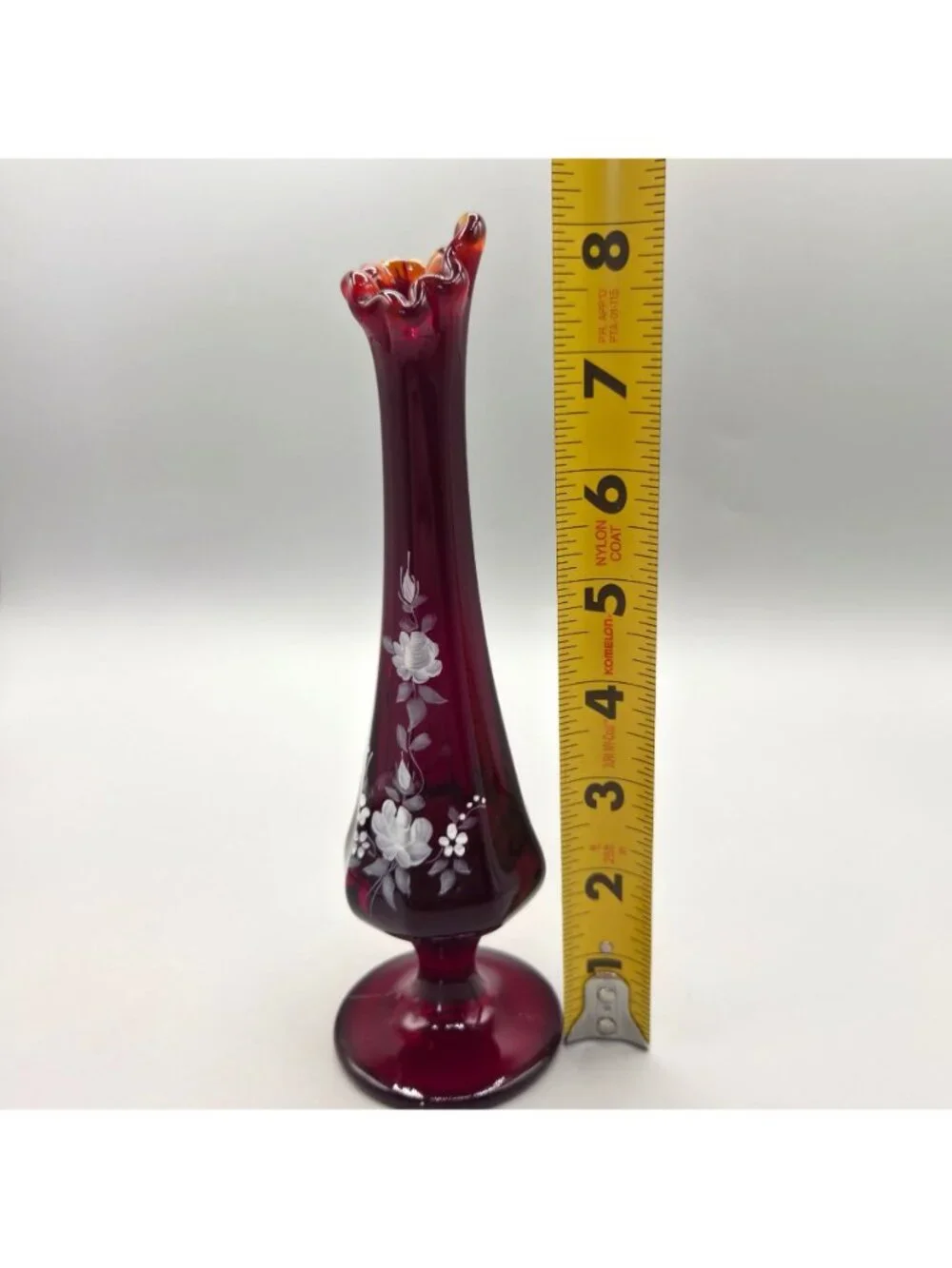 Fenton Ruby Red Swung Bud Vase Vesper Roses Hand Painted Signed E Thomas UV 8